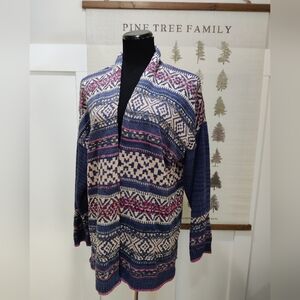 Chaps Fair Isle Knit Open Cardigan Navy Ivory Pink Oversized Large